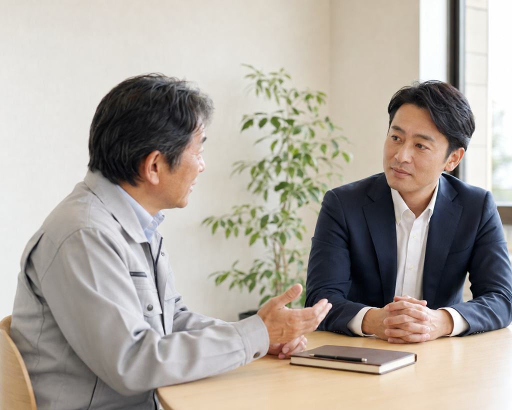 保険営業経験者と経営者が落ち着いて対話している様子